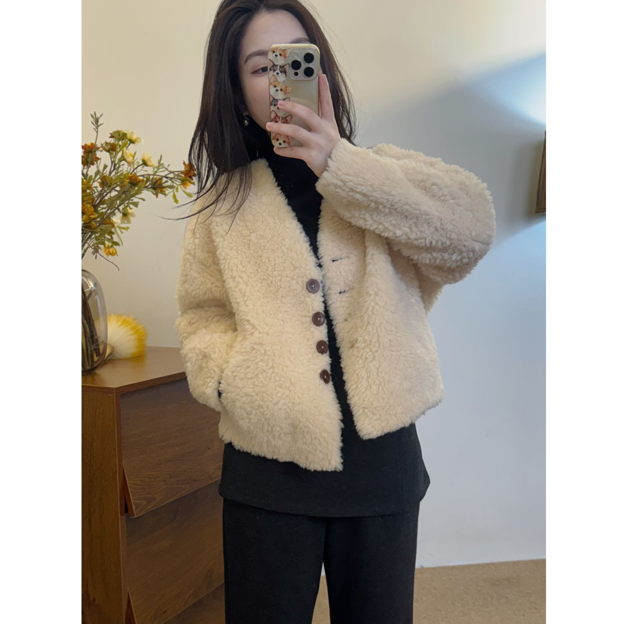 小个子【真毛版】100羊毛短外套气质短款加厚百搭V领女款秋冬季