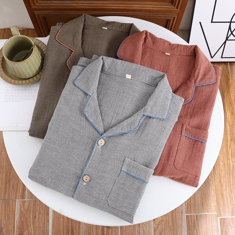 新款无印男士全棉双层纱长袖套装家居服睡衣宽松大码薄款休闲简约