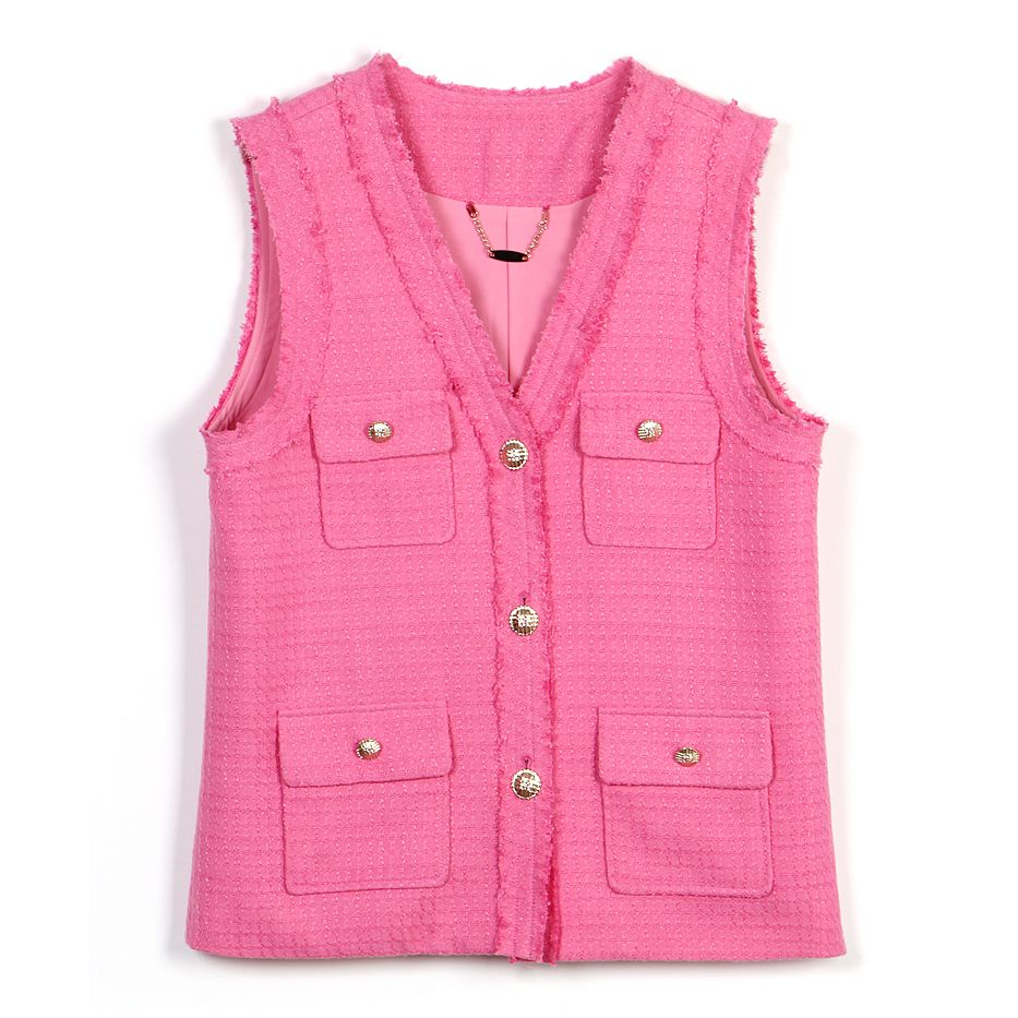 【时代高定】韩版小香风粗花呢金属扣V领马甲背心外套女25165