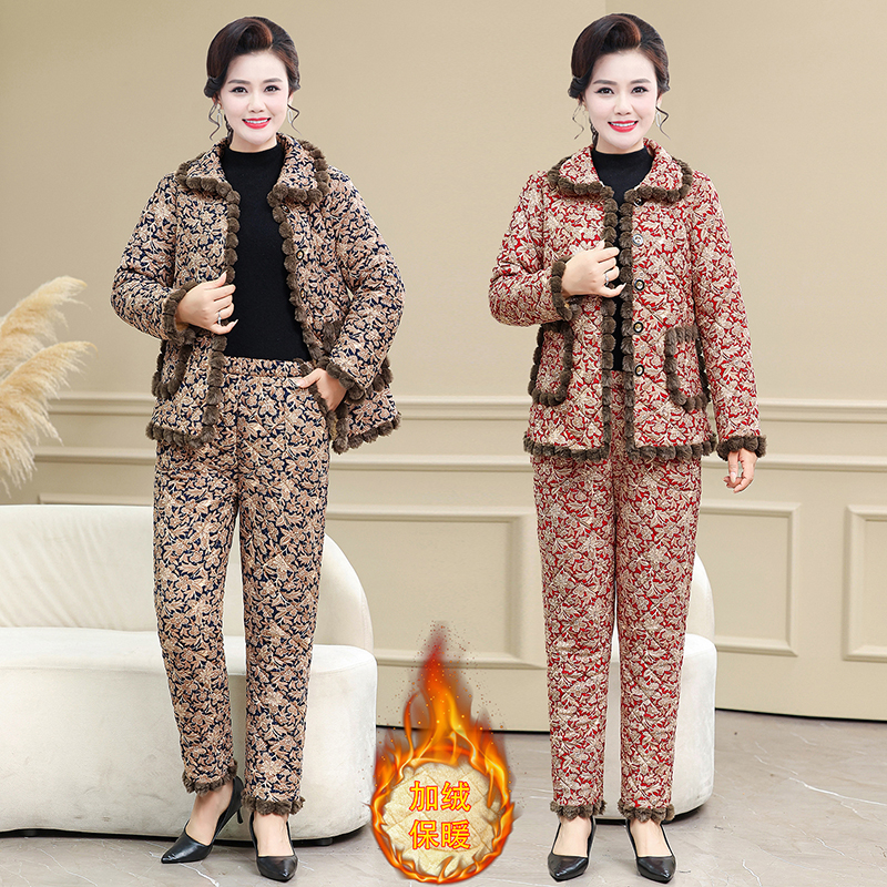 2025款冬中老年套装洋气秋冬大码妈妈装加绒加厚保暖套装外套冬季