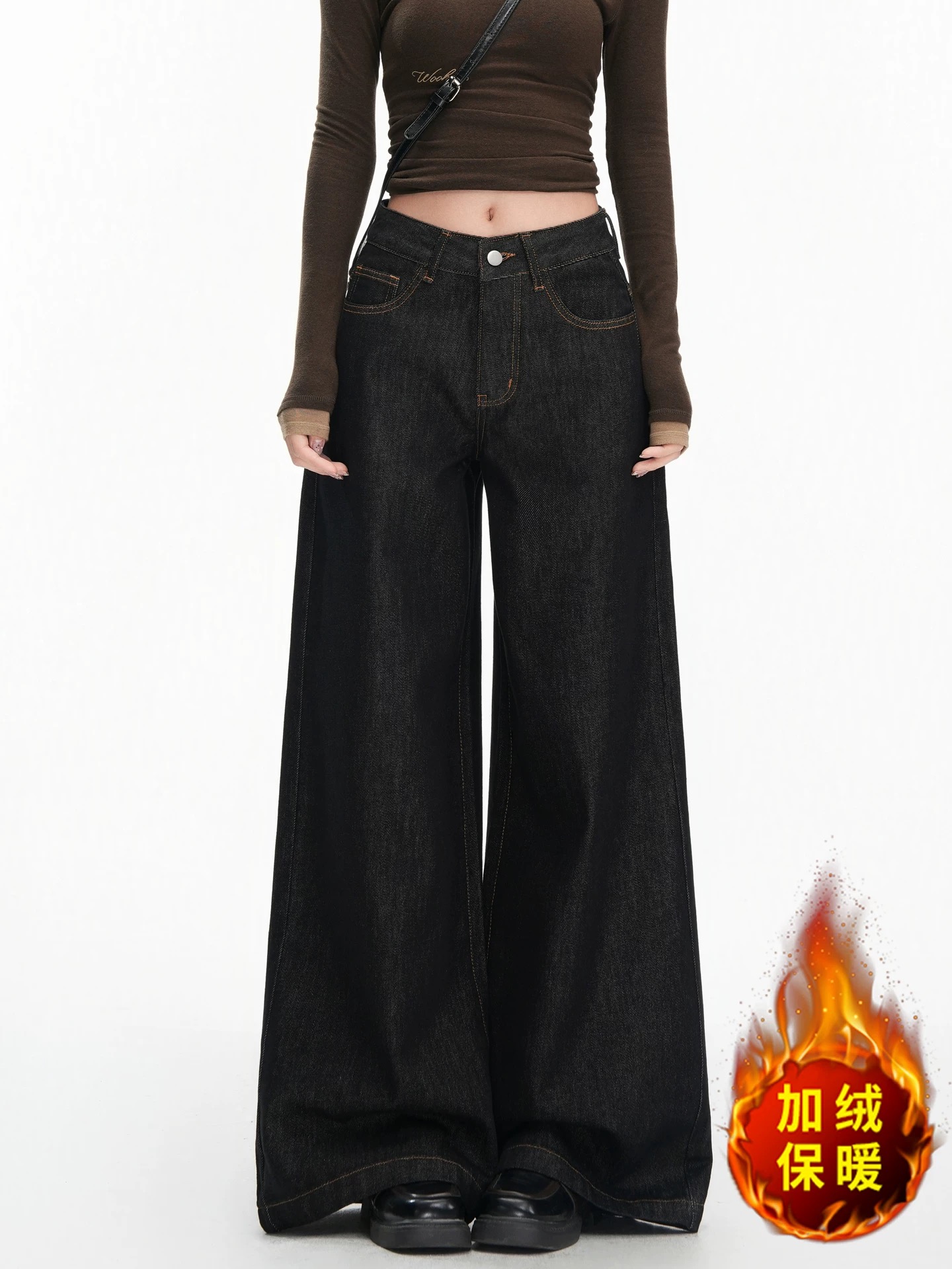 【樟】加绒加厚微喇牛仔裤女冬季新款休闲高腰显瘦百搭拖地马蹄裤子