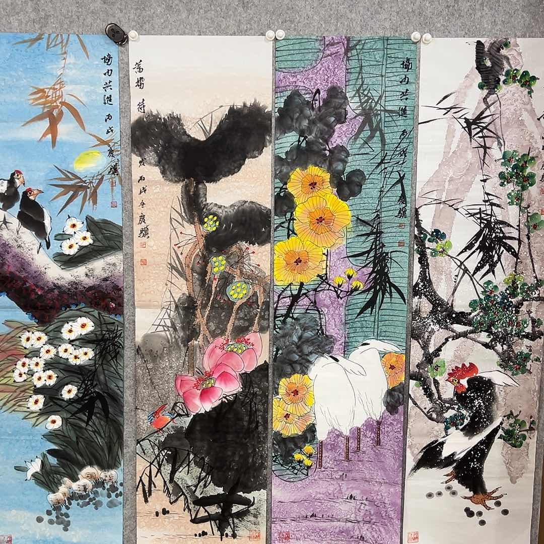 绘画饶**哥韩江书画石庆骥花鸟四屏