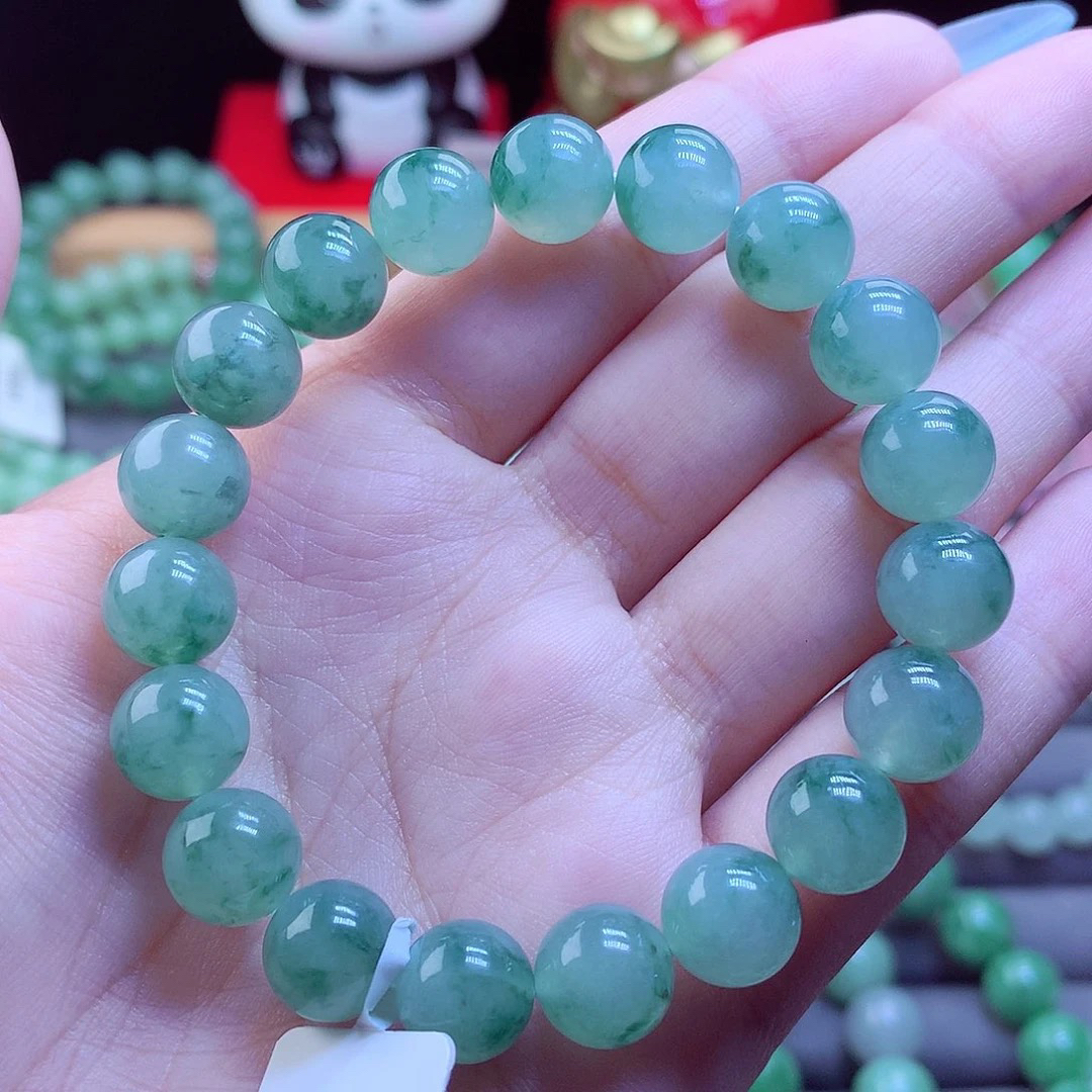 正品天然缅甸A货翡翠单圈女士冰透精美时尚玉手串老型绿色 卡10