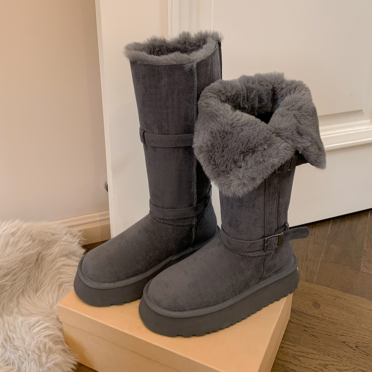 灰色扣带长筒雪地靴女款秋冬新款厚底增高加绒加厚高筒保暖棉鞋子