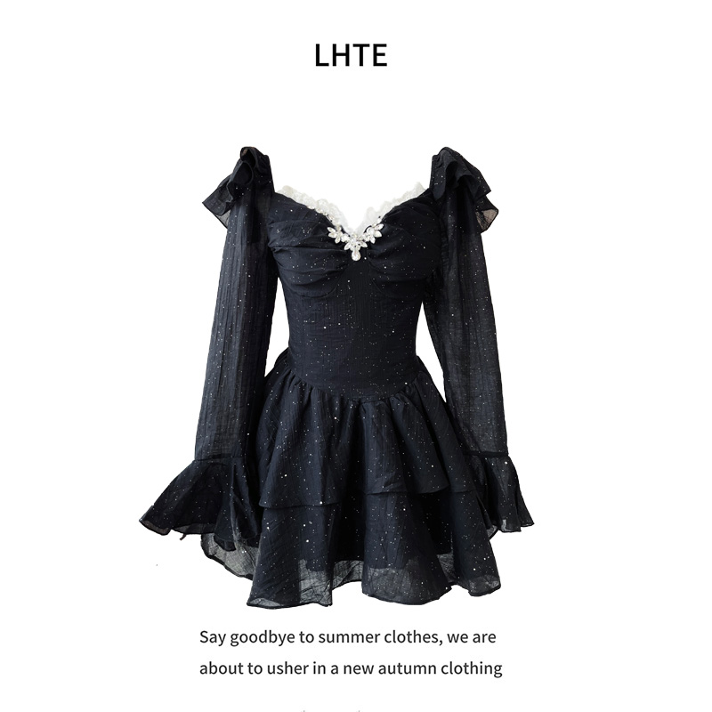 青青大码女装 法式洛丽塔细闪小黑裙公主风穿搭初春款D2777
