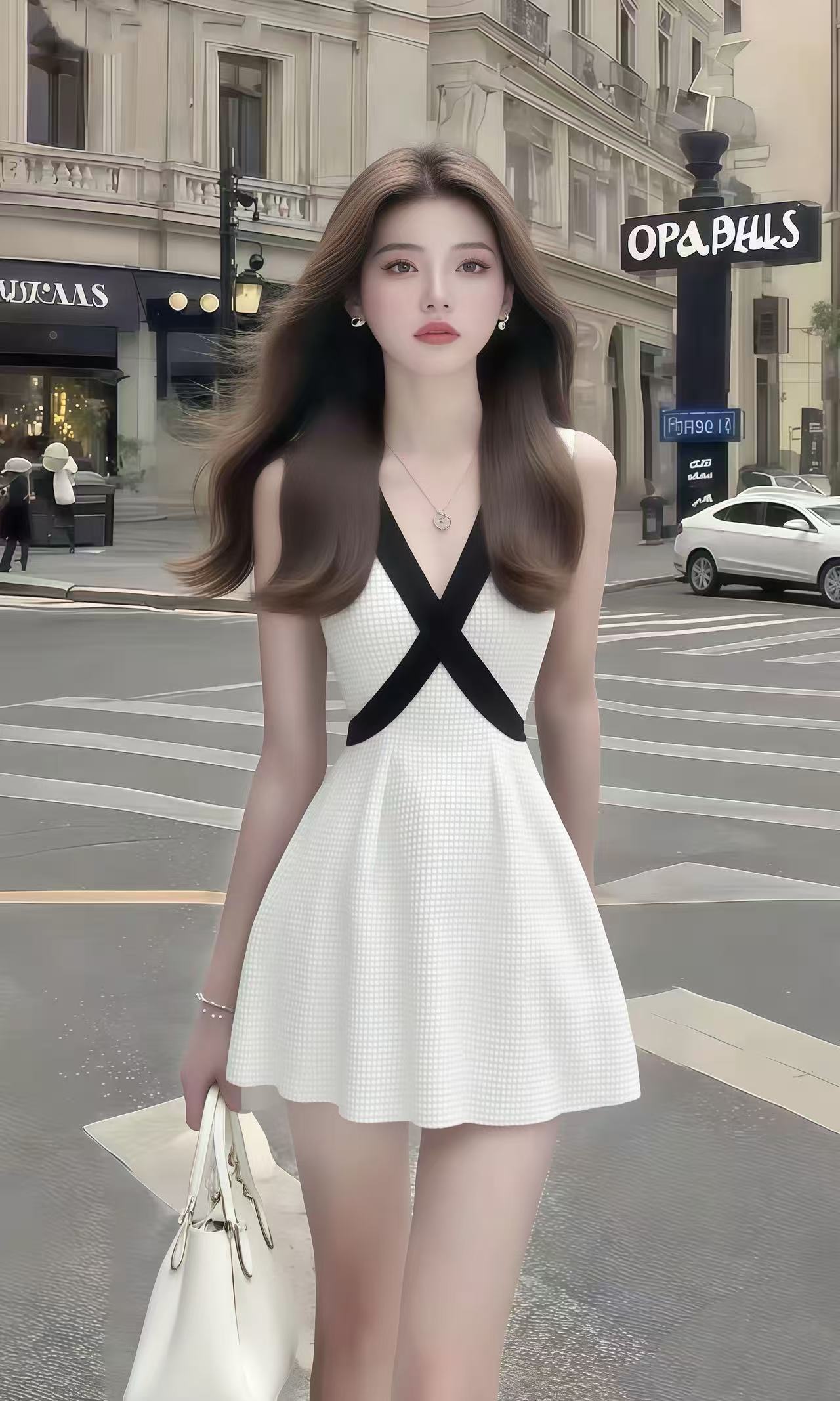 夏季新款时尚温柔风优雅贵气V领白色收腰无袖设计感格子连衣裙女