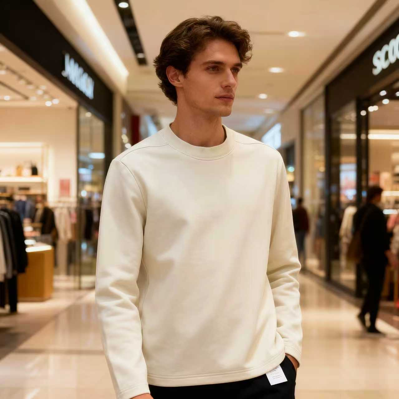 秋冬季简约纯色日常长袖T恤情侣休闲宽松