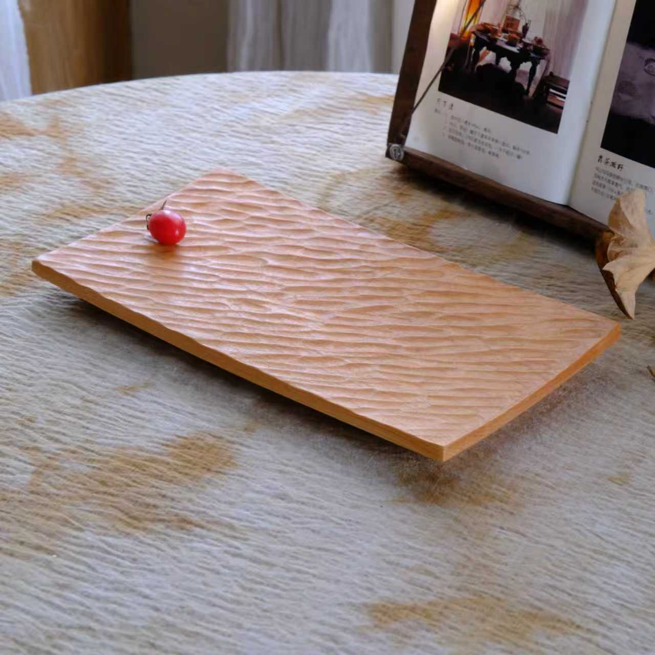 小喜宅 喜小盘手工刻纹樱桃木长方托盘（尺寸约16x30cm）