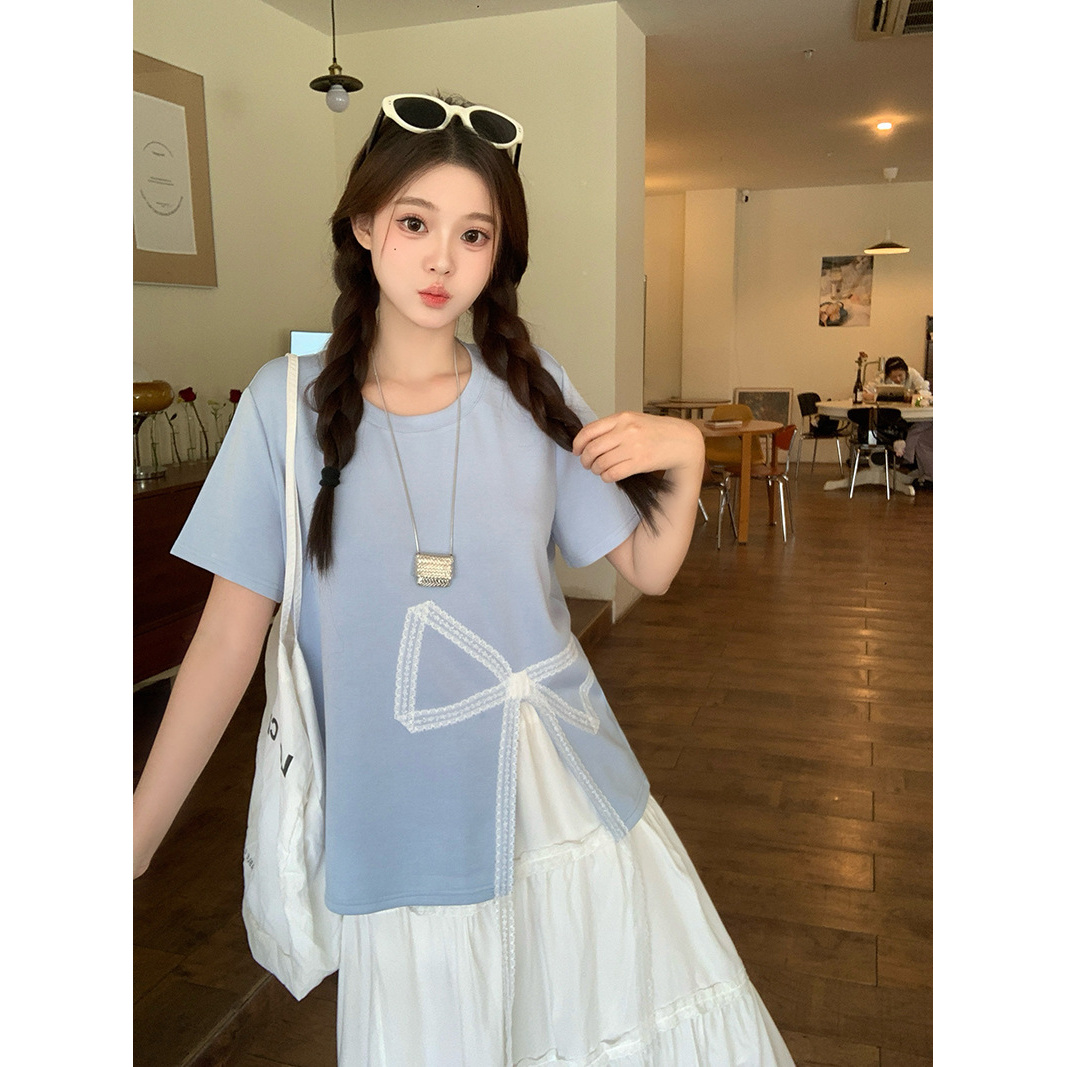 胖mm夏装新款大码t恤女韩版蕾丝蝴蝶结开叉设计感短袖上衣