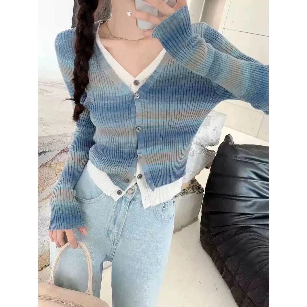 【VAZSLVE/全新奢品】捡漏 V领拼接彩虹条纹假两件针织衫KS006