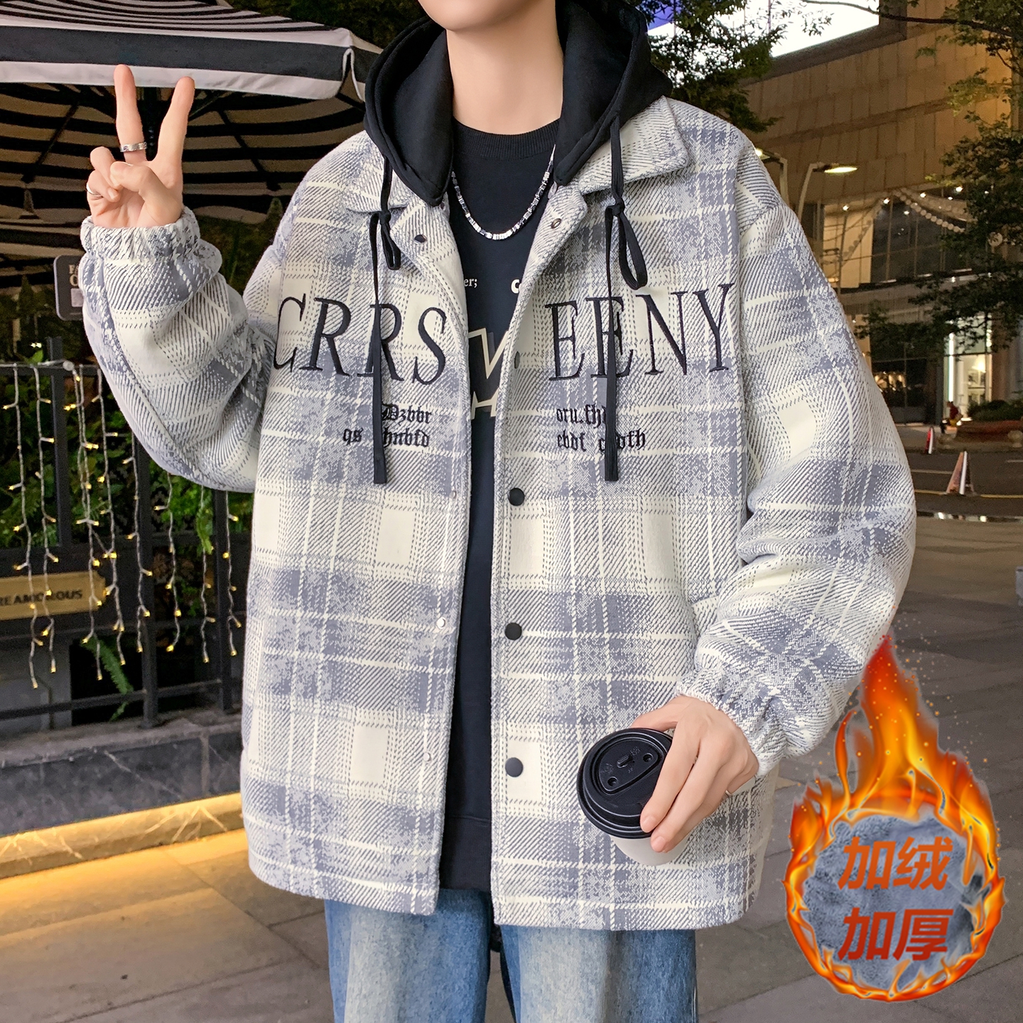 2025冬季百搭加绒加厚雪尼尔休闲帅气毛呢宽松连帽保暖夹克外套