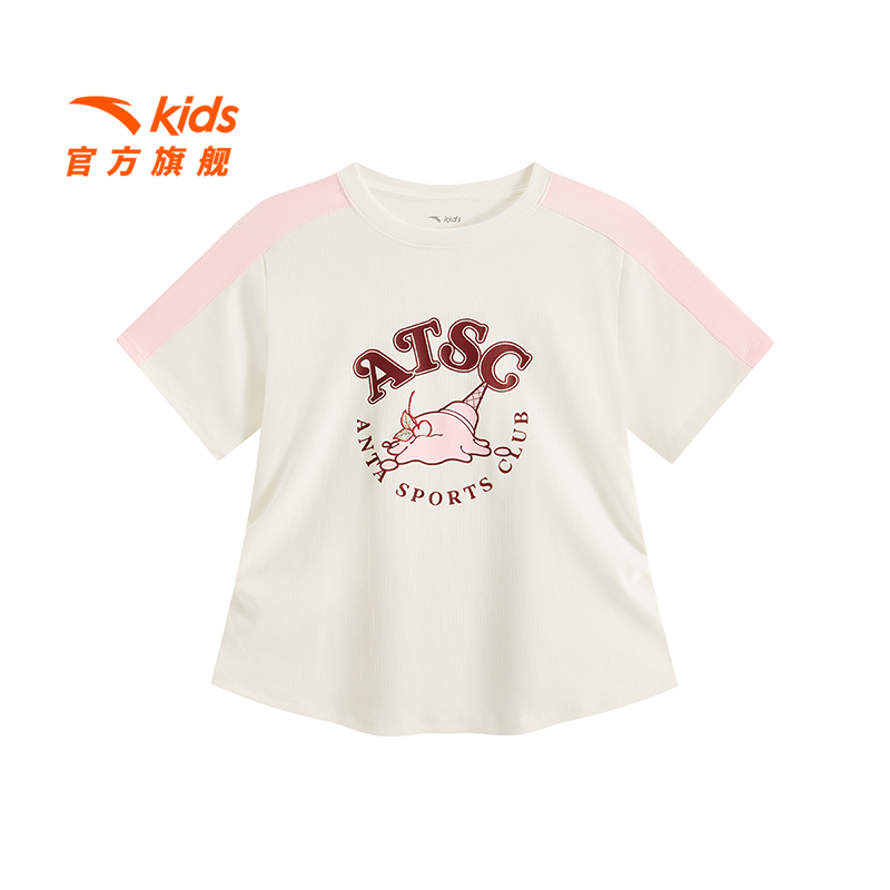 安踏儿童女大童针织短袖衫2025夏季新款透气时尚青少年圆领短袖潮