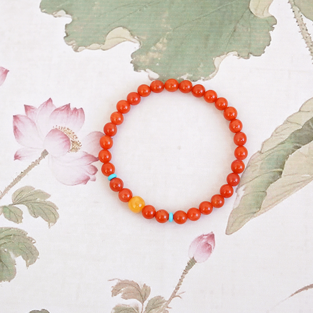 天然川料九口南红柿子红单圈蜜蜡桶型手串QF-A287（多样性发一）