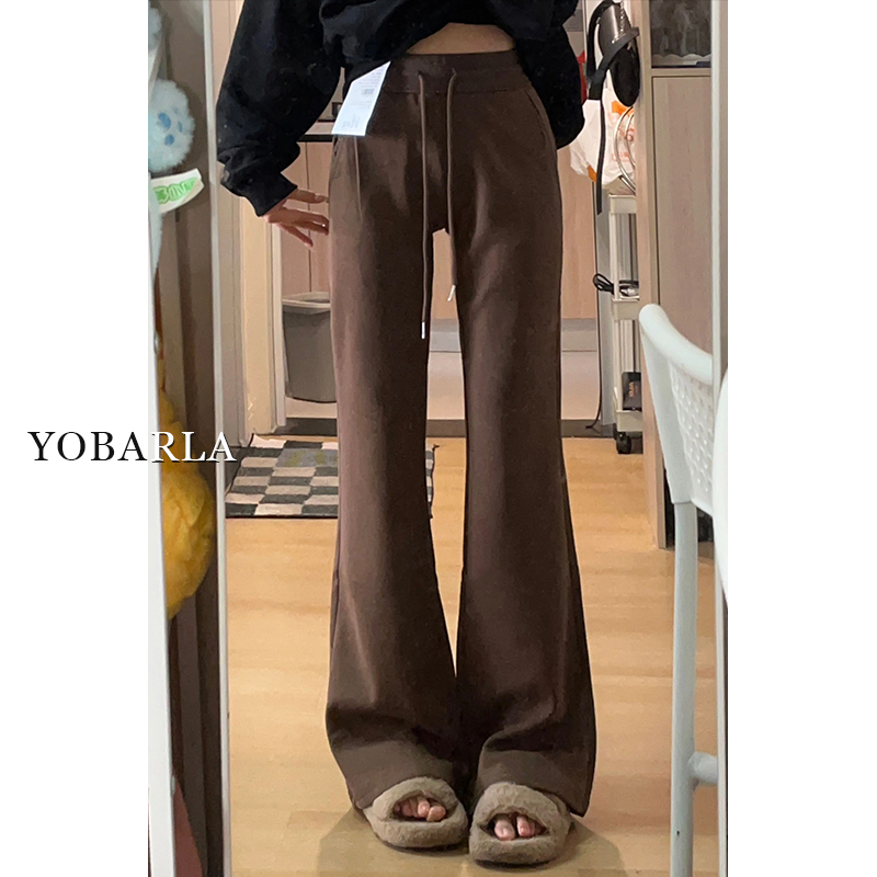 棕色休闲微喇裤女春夏新款高腰大码胖mm梨形身材弹力显瘦运动卫裤