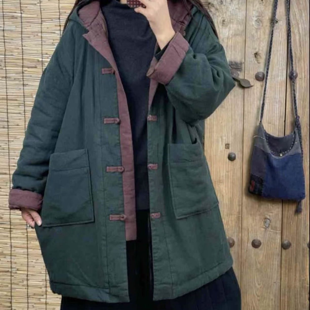8088连帽亚麻复古盘扣棉衣外套（衣长85胸围140）
