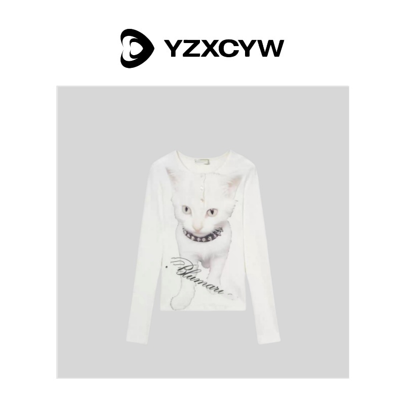 喜发发studio 简约百搭新款长袖白色小猫T恤 8155
