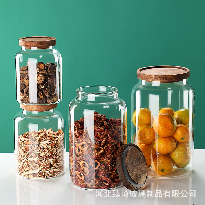 玻璃储物罐大容量相思木高硼硅密封罐耐热杂粮茶叶陈皮罐收纳罐子