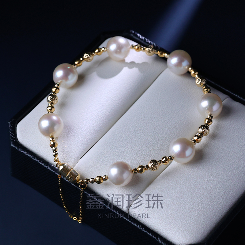天然海水AKOYA珍珠手链8-9mm18K金镶嵌爆闪珠手串链*多样性发一条