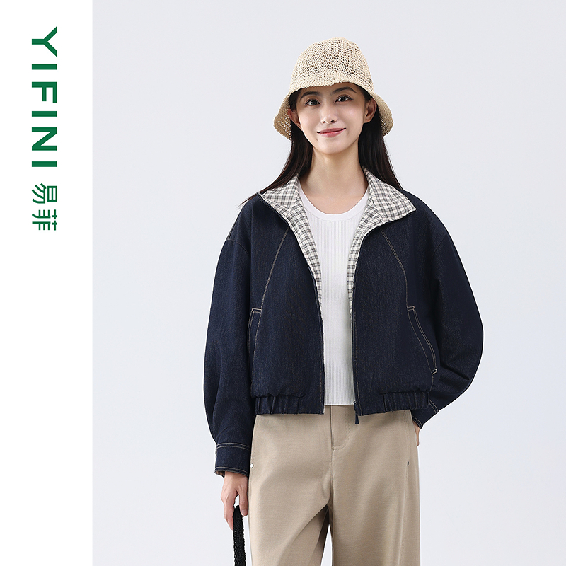 【Yifini】秋季新款双面穿牛仔外套宽松格子印花D07T3903