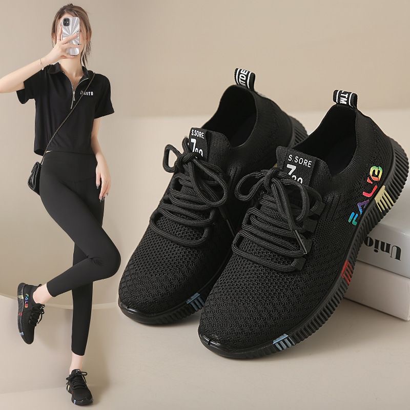 休闲纯色防滑跑步中跟透气时尚休闲鞋飞织低跟小黑鞋小红鞋