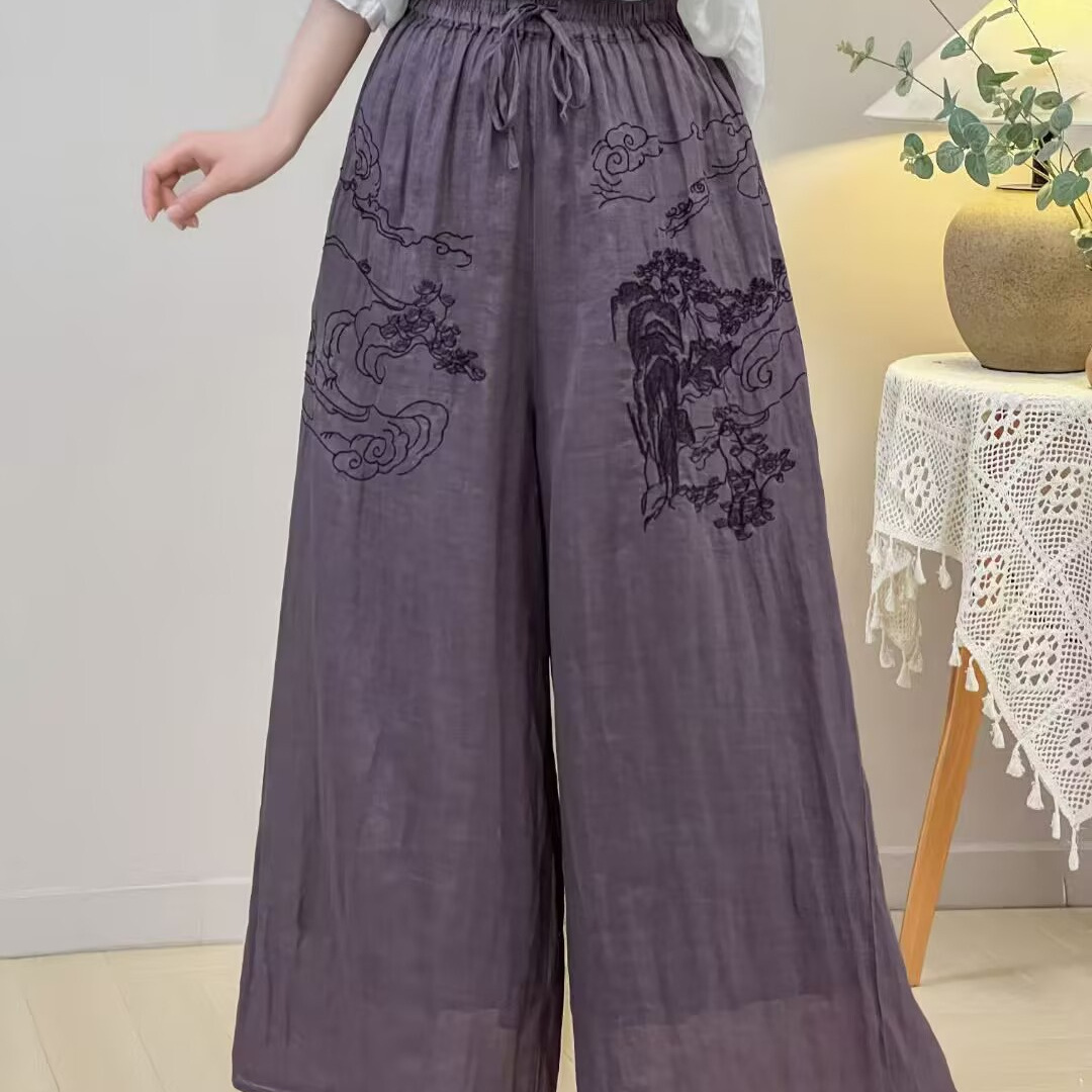 2025夏季新款苎麻阔腿长裤九分裤休闲裤子文艺复古
