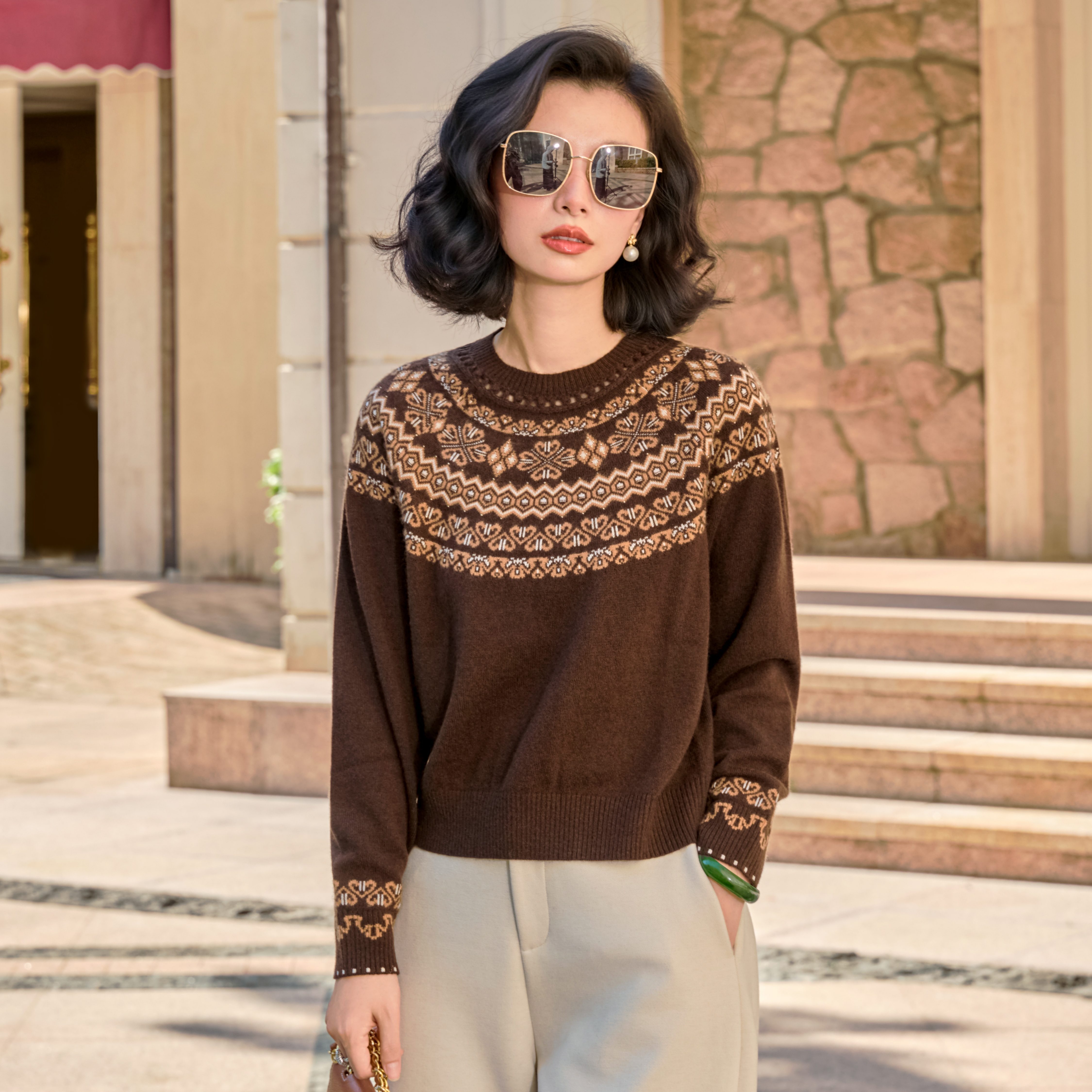 西子/【威尔士费尔岛】牦牛绒羊绒羊毛提花钩花重工针织衫/MSXS0371