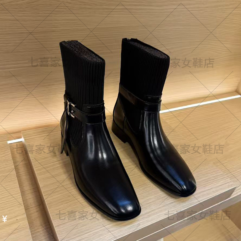 2025年秋冬新款女靴百搭低跟中跟时尚英伦风方头短靴女Y25145