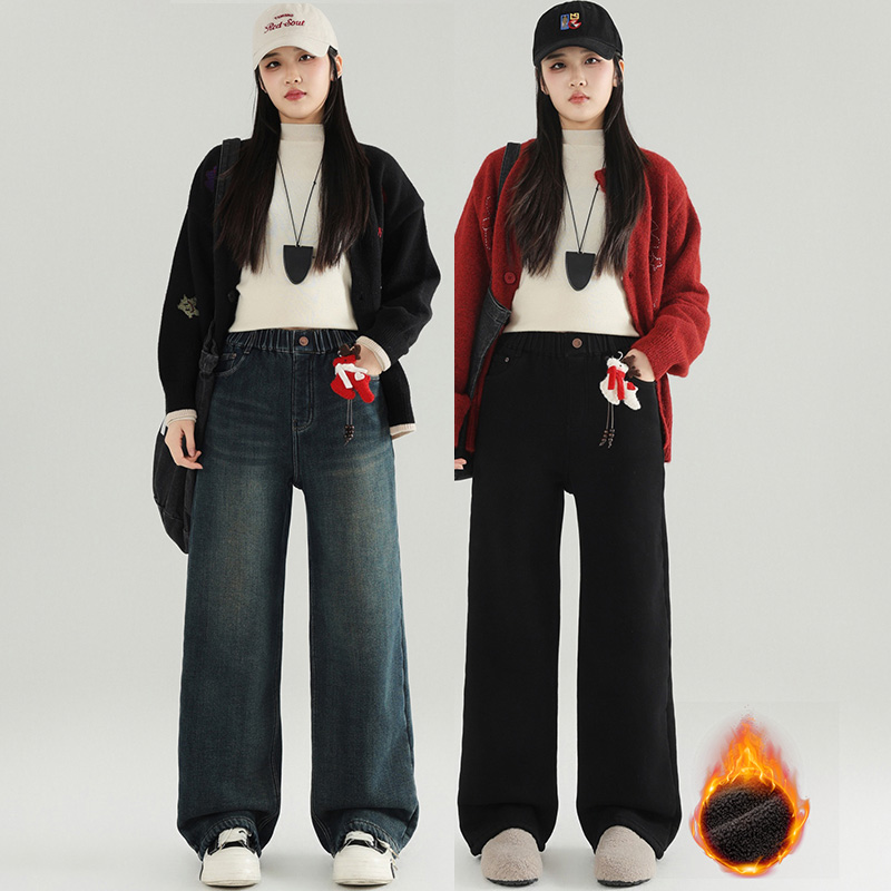 黑色女童牛仔裤长裤高腰宽松裤子阔腿裤冬季