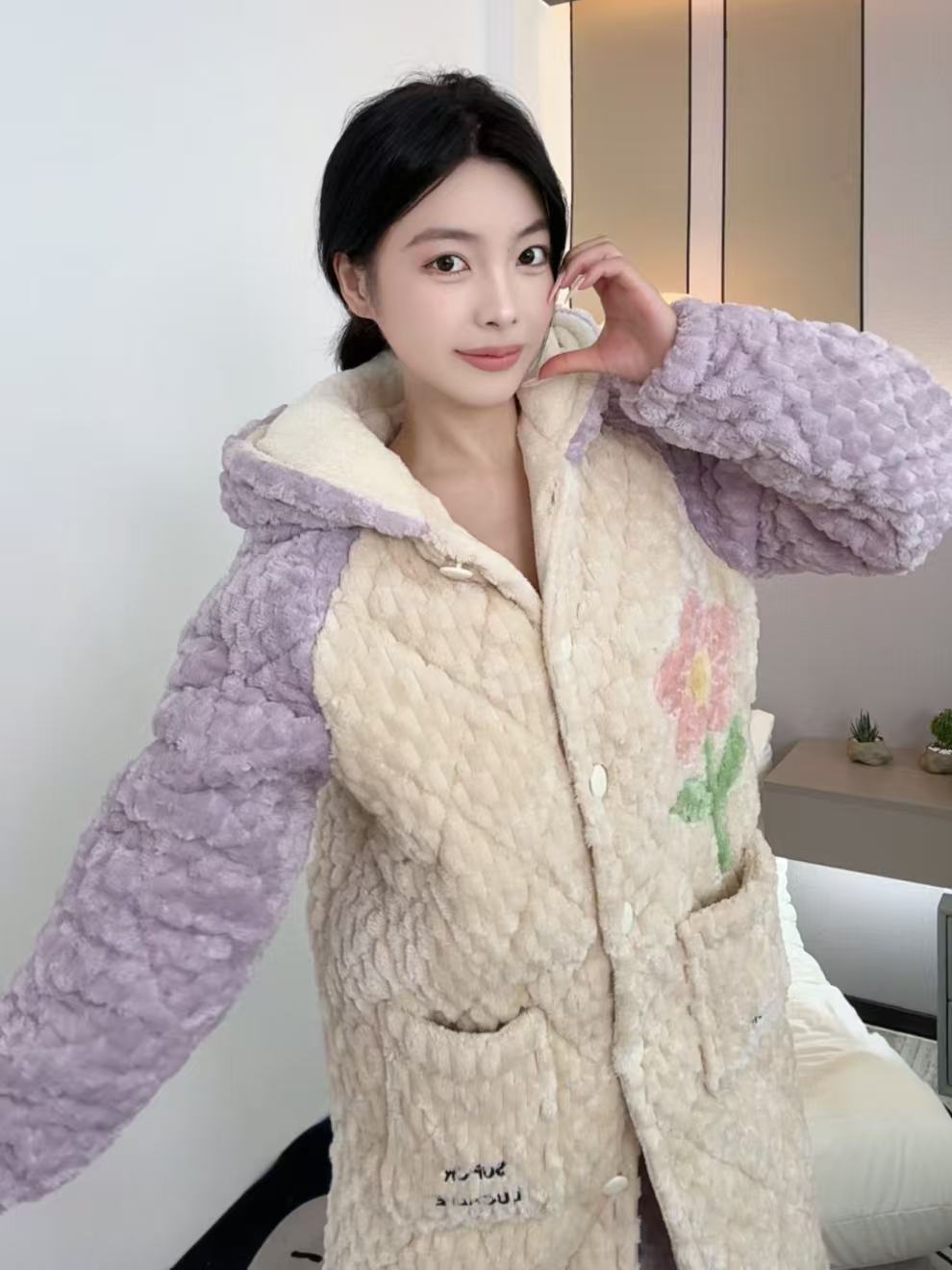 【0239米紫小红花】睡袍长厚款中长裙冬睡衣家居服套装加绒睡袍卡通