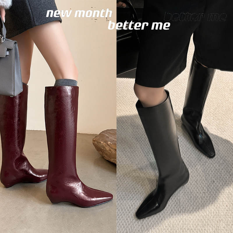 （叁熹）时装靴方头长筒尖头粗跟高筒靴骑士西部牛仔靴中筒时尚真皮