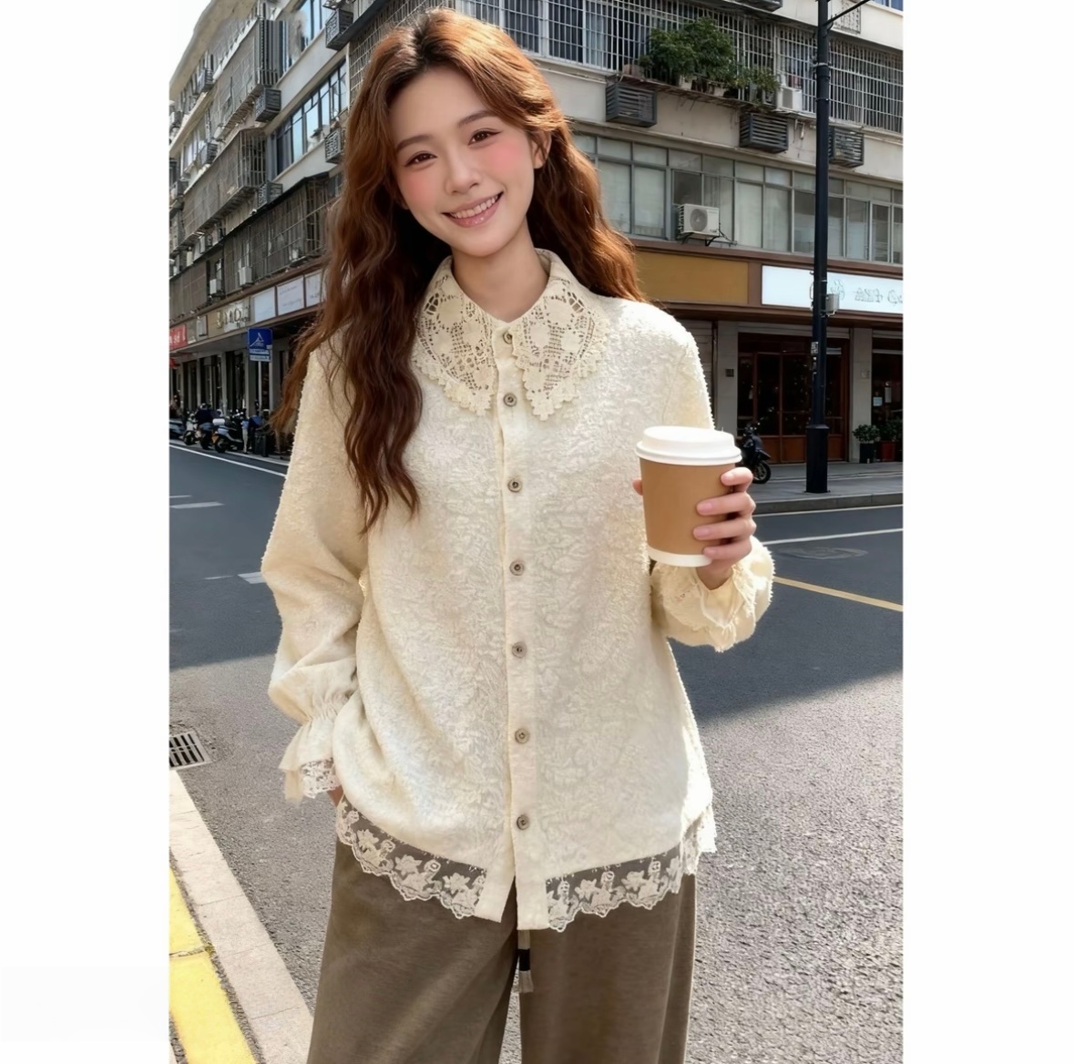 衬衫中长款法式气质显瘦女小众设计师款宽松休闲蕾丝拼接打底衫