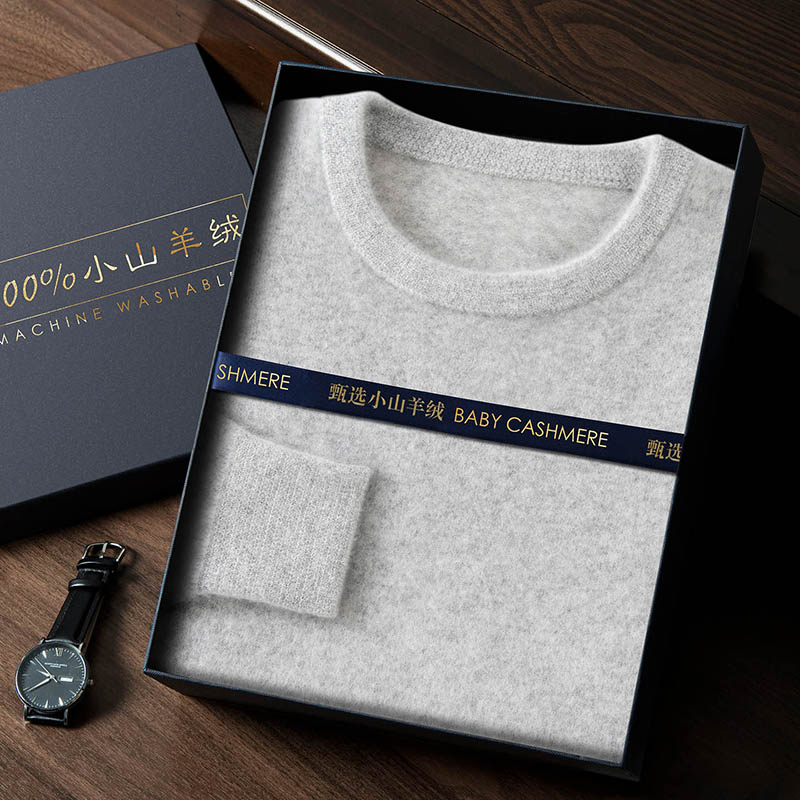 【100%小山羊绒绒】男士秋冬新款圆领套头针织打底衫长袖百搭