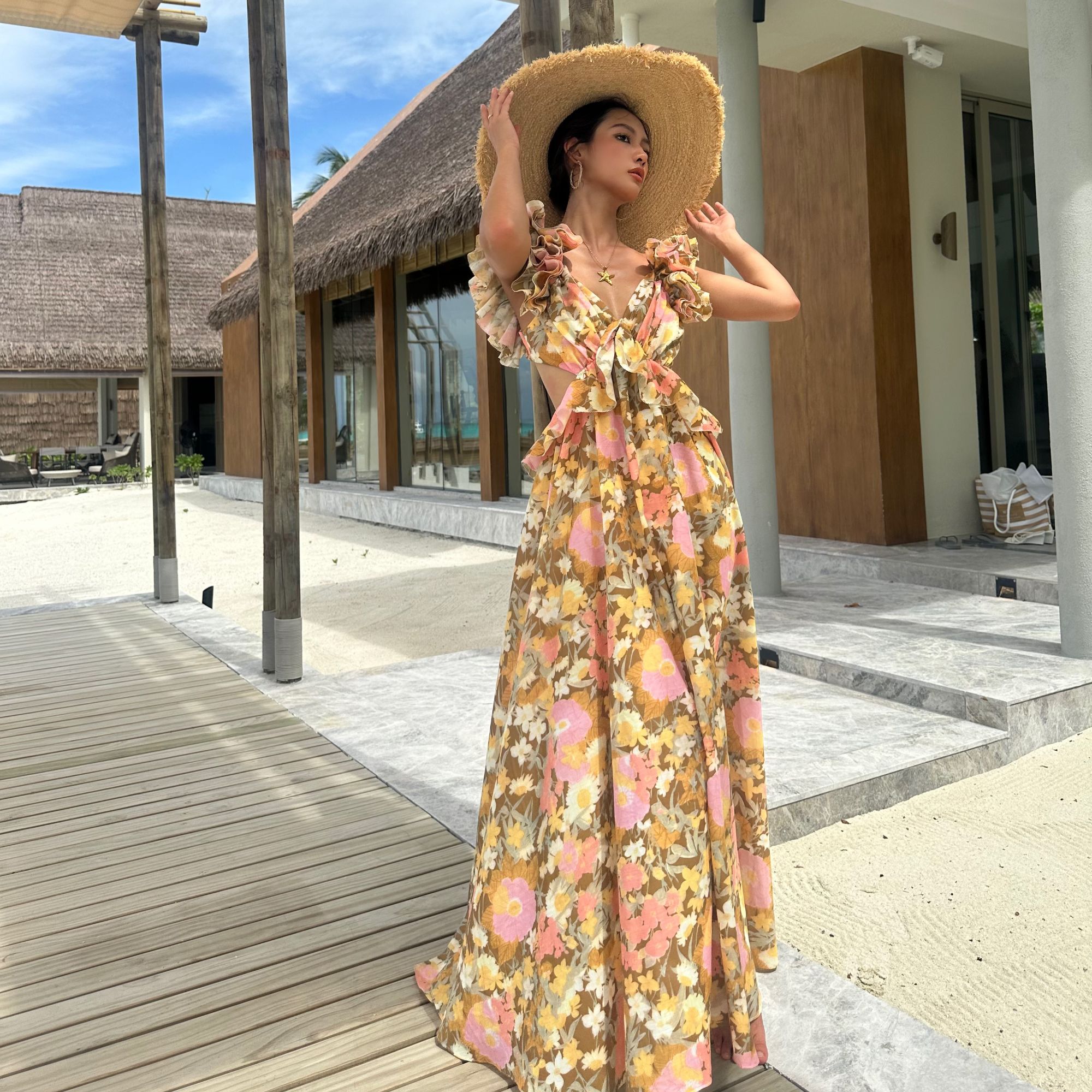 Younger Lady吊带印花裙长裙森系连衣裙小众印花法式气质显瘦裙子