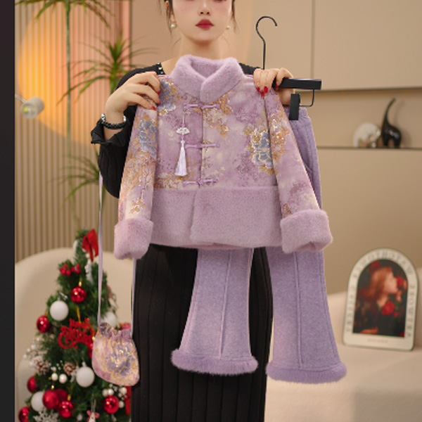 【米拉6】女童拜年服加绒国风刺绣外套加绒女童过年服2025新款