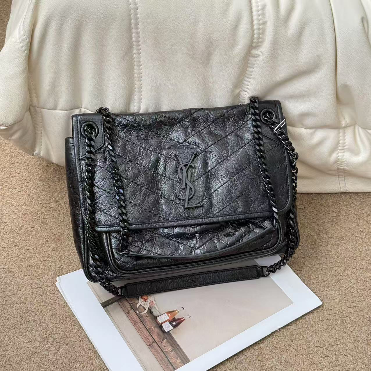 95新 YSL/圣罗兰 Ysl so black褶皱牛 Niki中号单肩包/647261387