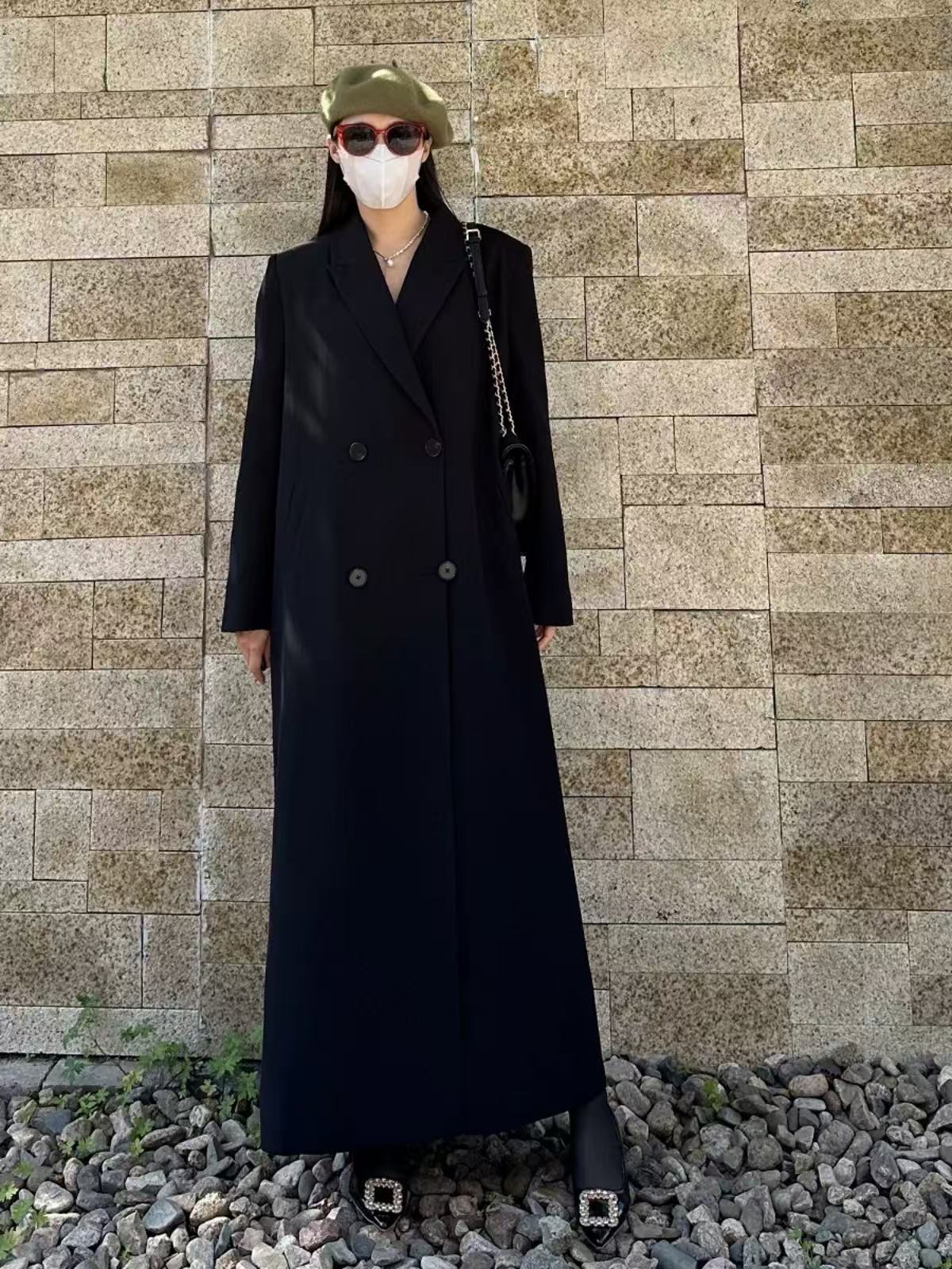 甜菜大码长款高个子春秋西装外套女通勤韩版气质黑色西服大衣