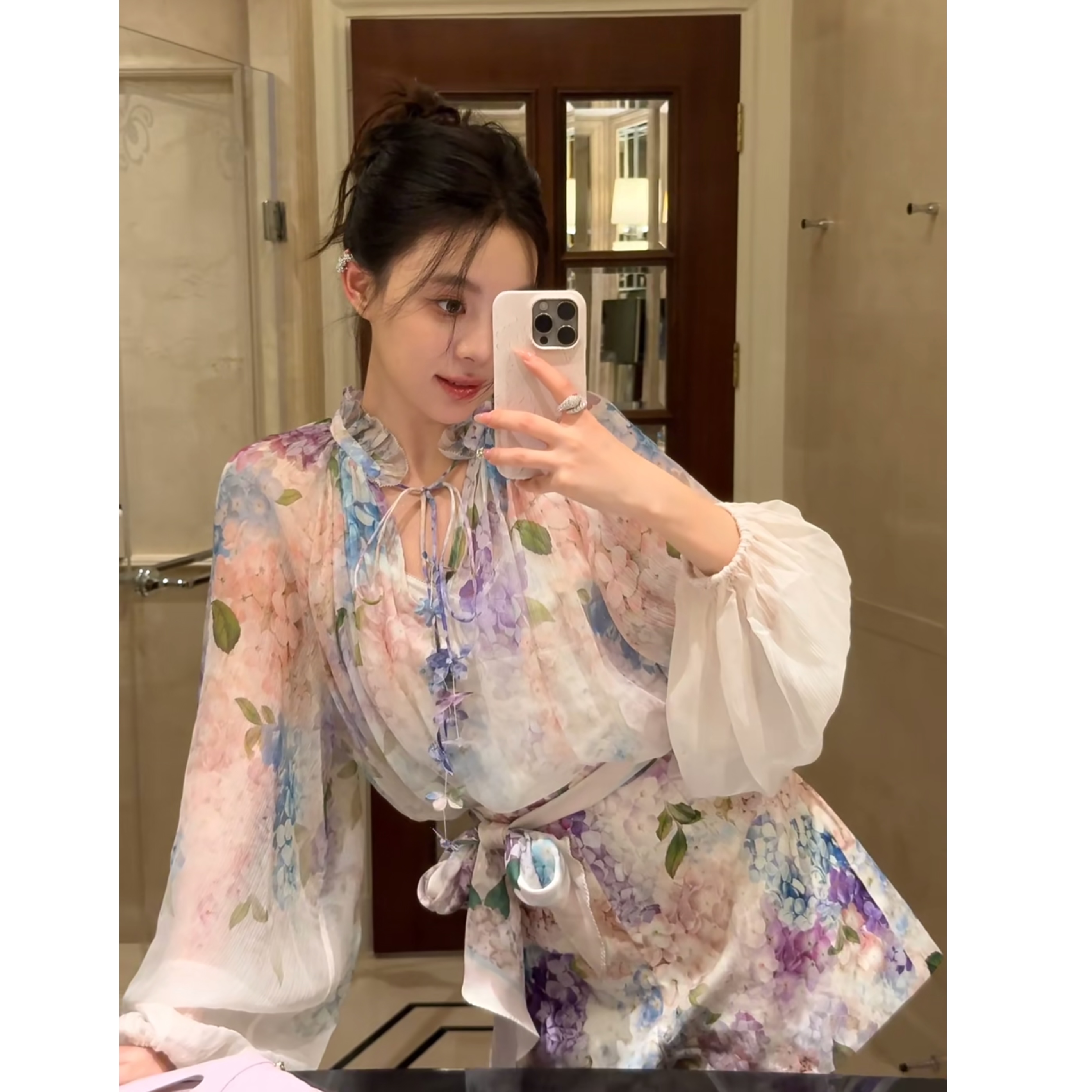 桑蚕丝【繁花】2025新款复古印花真丝桑蚕丝紫色绣球花飘逸衬衣衬衫