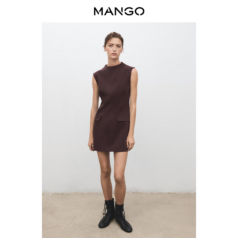 MANGO女装连衣裙2025秋装新款气质无袖圆领修身翻领口袋背心裙