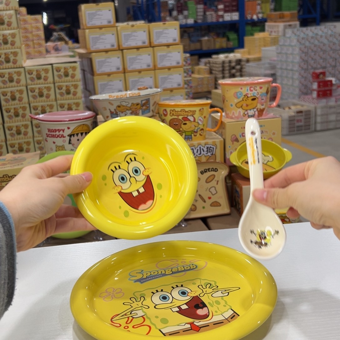 瓷海绵宝宝碗家勺子加筷子 
