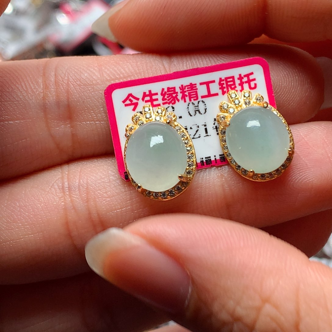 翡翠戒指银S925镶嵌天然翡翠耳饰