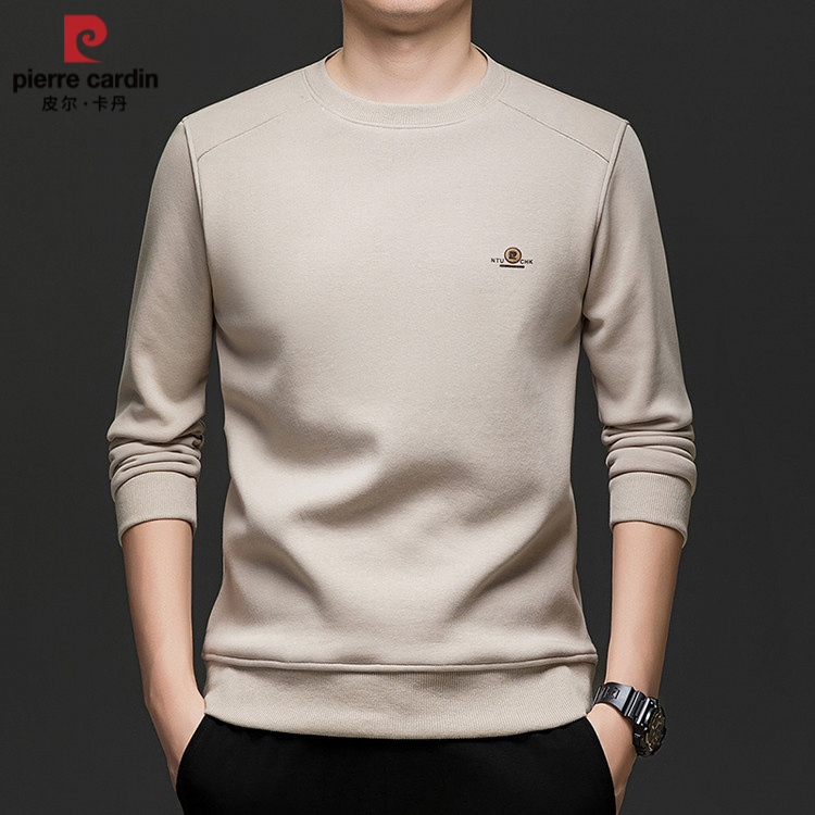 皮尔卡丹男士卫衣冬季新款宽松加绒保暖上衣圆领打底衫长袖t恤男