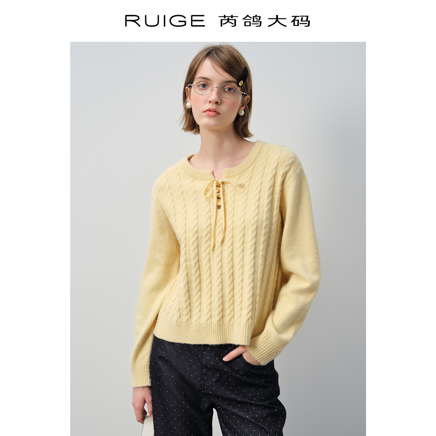 芮鸽微胖定制【柔黄织语】针织衫圆领毛衣宽松微胖mm上衣0341YY