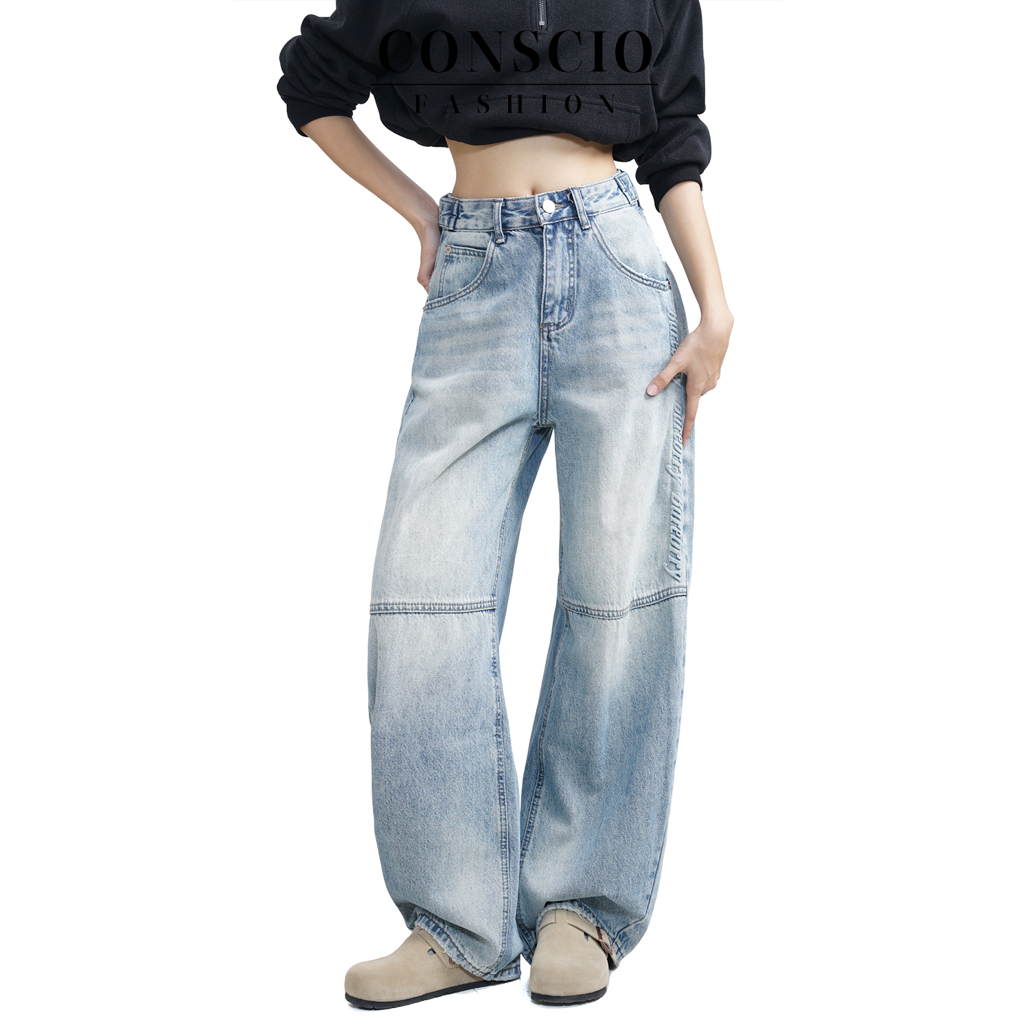 狮狮【发泡中轴】牛仔裤冬季宽松休闲美式阔腿直筒堆堆裤牛仔裤