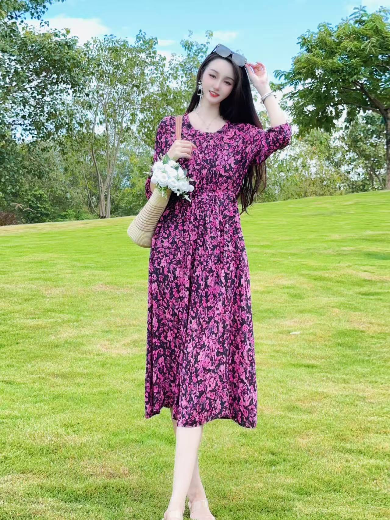 【2525永夜星河】新款时尚显瘦印花桑蚕丝气质修身连衣裙115公分