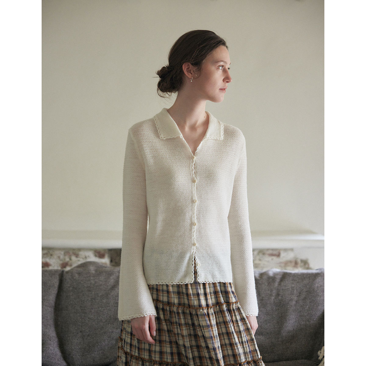 Nice people2025AW 100羊毛 重工手钩波浪花边翻领长袖针织开衫