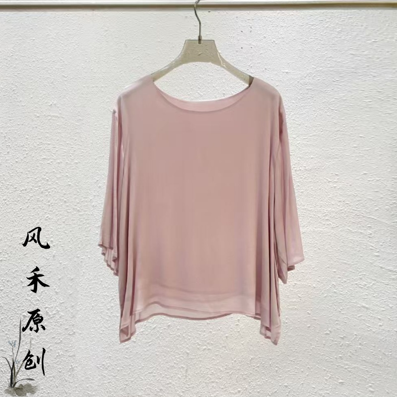 风禾原创【95201】夏季时尚百搭圆领纯色双层里布乔其纱套头小衫