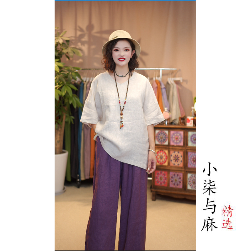 【小柒与麻】100%雨露亚麻V领全段后长小衫（衣长68-70胸围124）