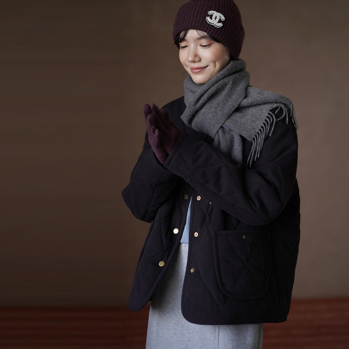 【女装优选】哈齿小姐复古菱形格绗棉保暖宽松棉袄外套20ZZ2508713W