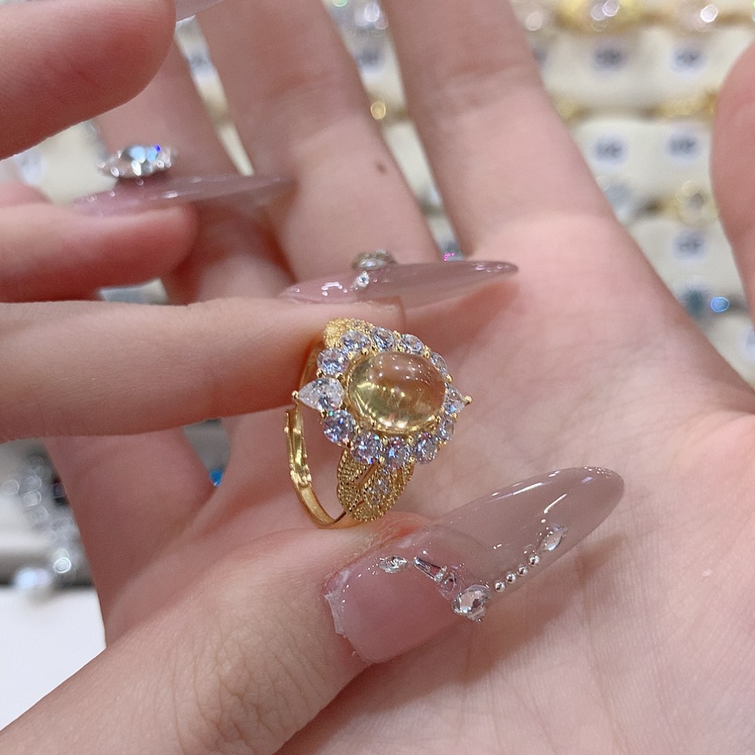 黄晶戒指银S925镶嵌静*