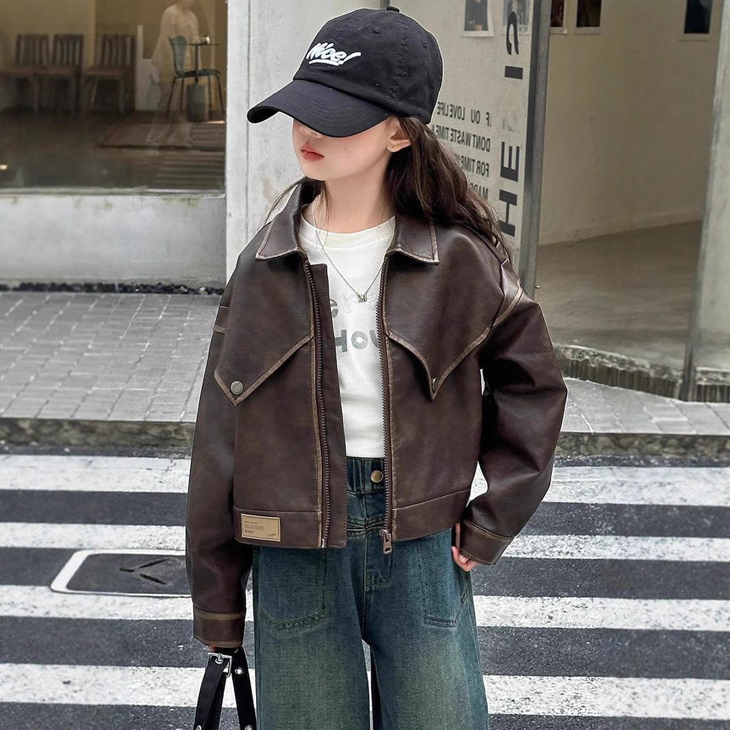 女童秋款皮衣外套春秋款2025新款皮衣时尚防风风衣机车皮衣